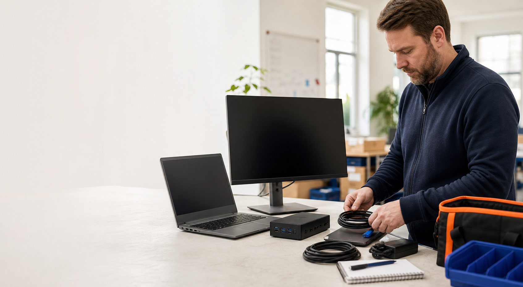 Engineer preparing a laptop, monitor and docking station on a bright workbench