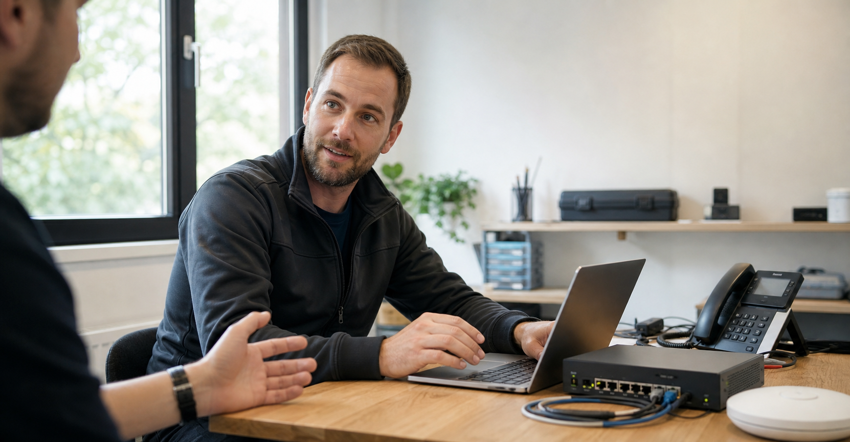 Engineer discussing a laptop and network equipment with a colleague in a bright office